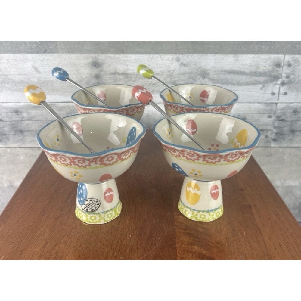 TEMPTATIONS Egg Hunt Dessert Bowls & Spoons EASTER Parfait Cups Set Of 4